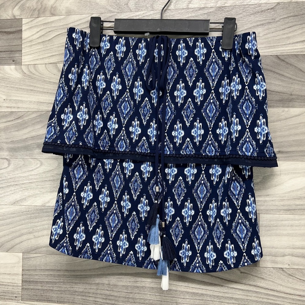 White House Black Market Strapless Top Women's Small Blue Geometric Print Tassel